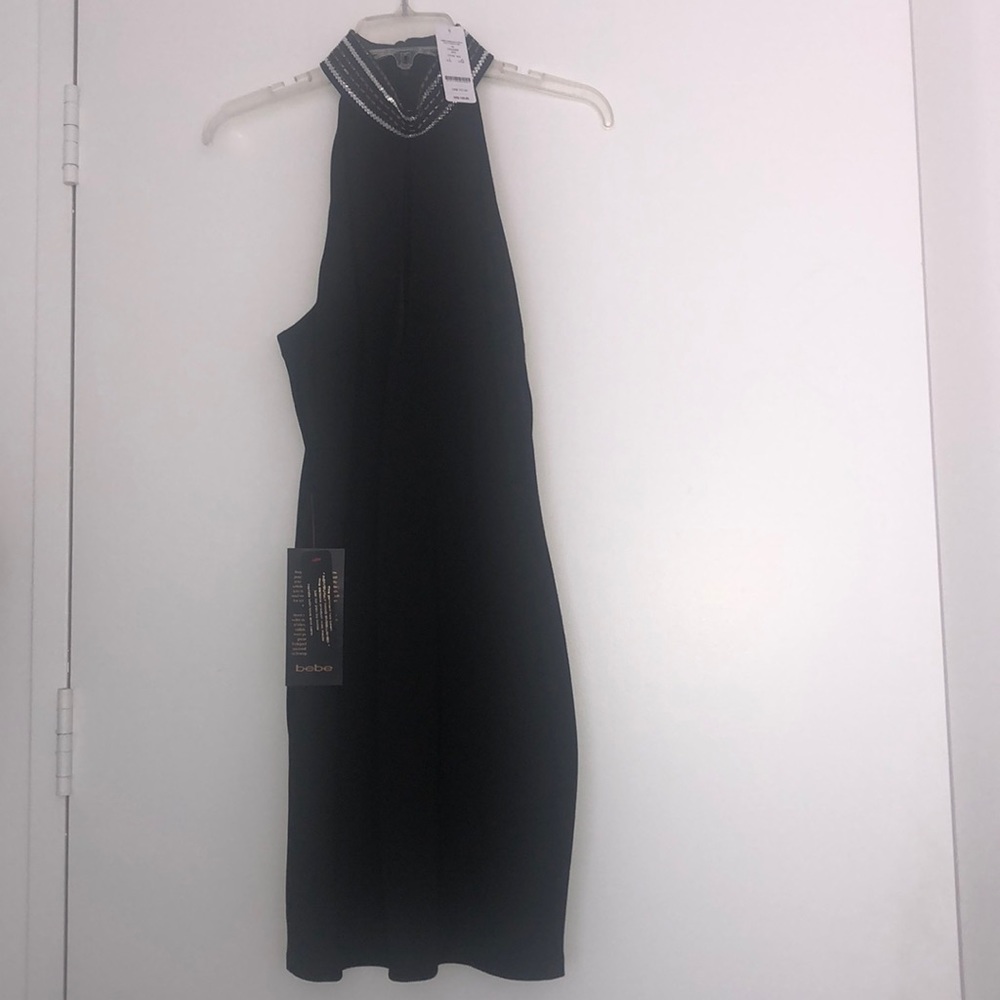 Bebé Black Mini Dress w/ Embellished Neck